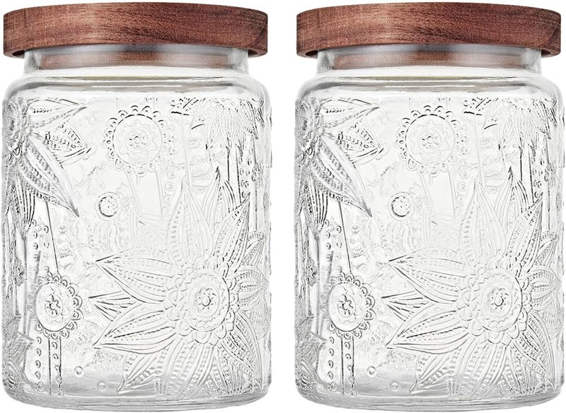 Custde Glass Storage Jars With Airtight Lid, 23.7oz Container For Kitchen Counter with Wooden Lid, brown sugar, candy, coffee, cookie, salt, tea, cute Jar (Sunflower*2) - Image 1